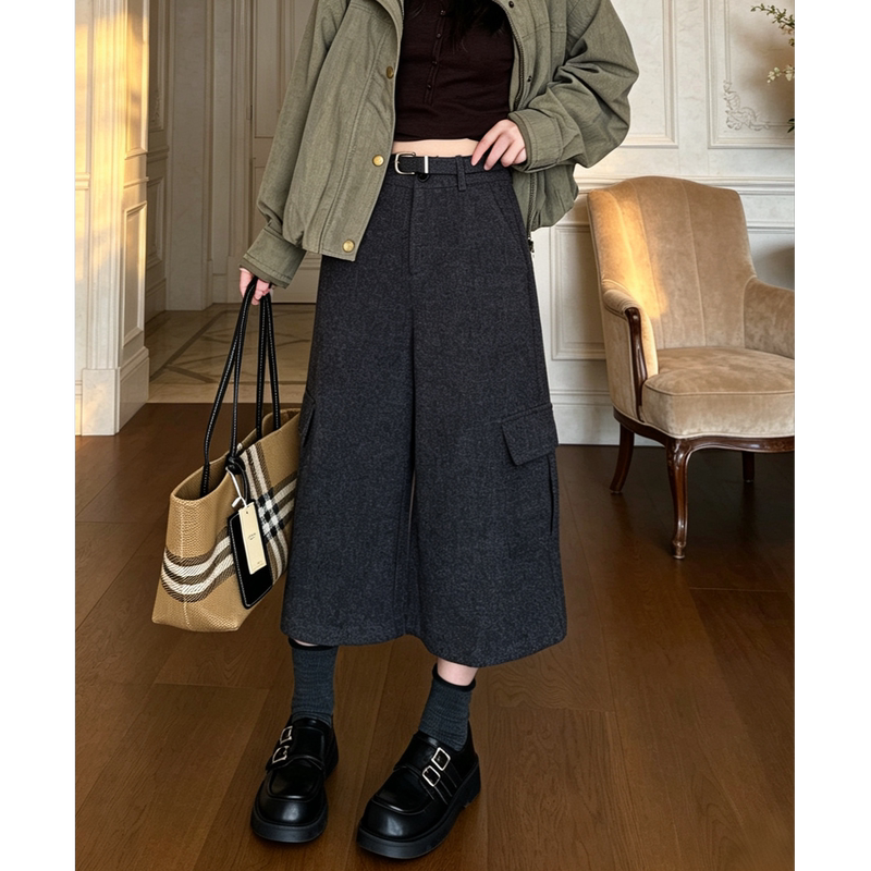 【Yisiliu】Petite Autumn and Winter Woolen Pocket Workwear-Style Cropped Wide-Leg Pants (with Belt) 【Yisiliu】Petite Autumn and Winter Woolen Pocket Workwear-Style Cropped Wide-Leg Pants (with Belt)
