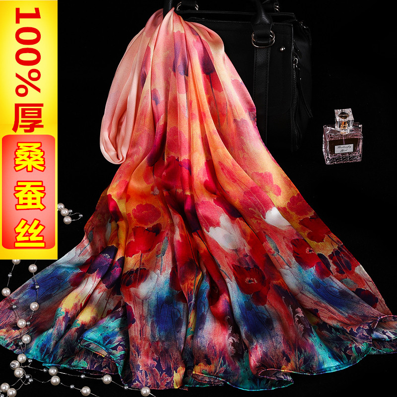 Silk scarves female spring summer sun protection 100% true silk mulberry silk long version scarf mother foreign style fashion 100 hitch a shoulder delivery