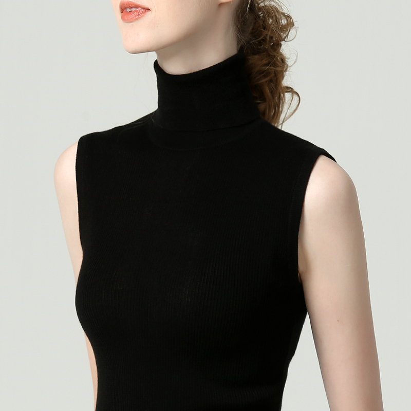 Black Sleeveless Knit Top with a Slim Fit for Women, Suitable for Spring and Autumn, High-Neck Thin Sweater with Cut-Out Sleeves and a Layered Collar, Tight-Fitting Tank Top