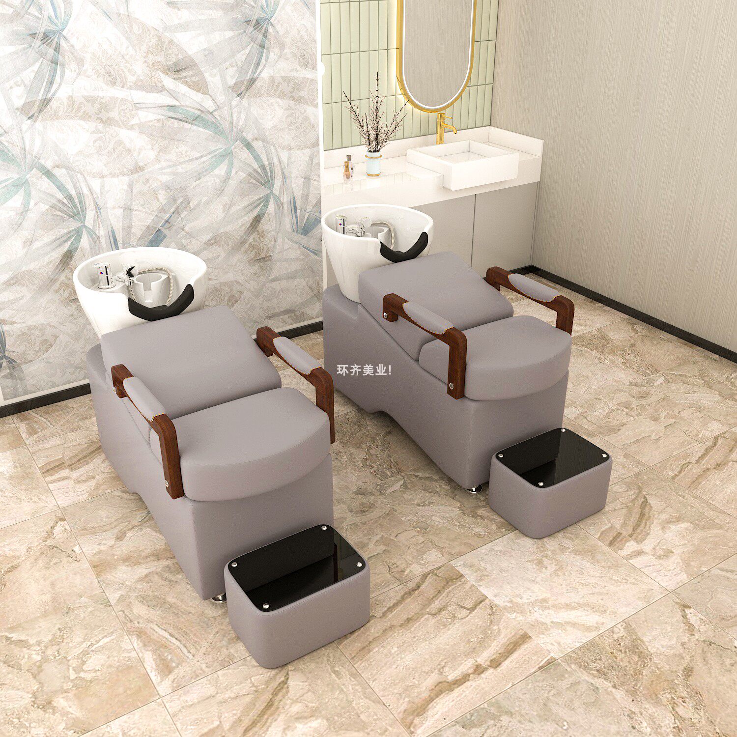 Net red European-style solid wood armrest shampoo bed ceramic basin Li Kun shop hair salon special retro hairdressing shampoo bed D44