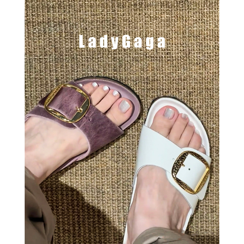Ladygaga~Top Version~ Big Buckle Birkenstock Slippers Genuine Leather Cork Thick-Soled Summer Outdoor Sandals for Women Purple Gold Buckle Ladygaga~Top Version~ Big Buckle Birkenstock Slippers Genuine Leather Cork Thick-Soled Summer Outdoor Sandals for Women Purple Gold Buckle