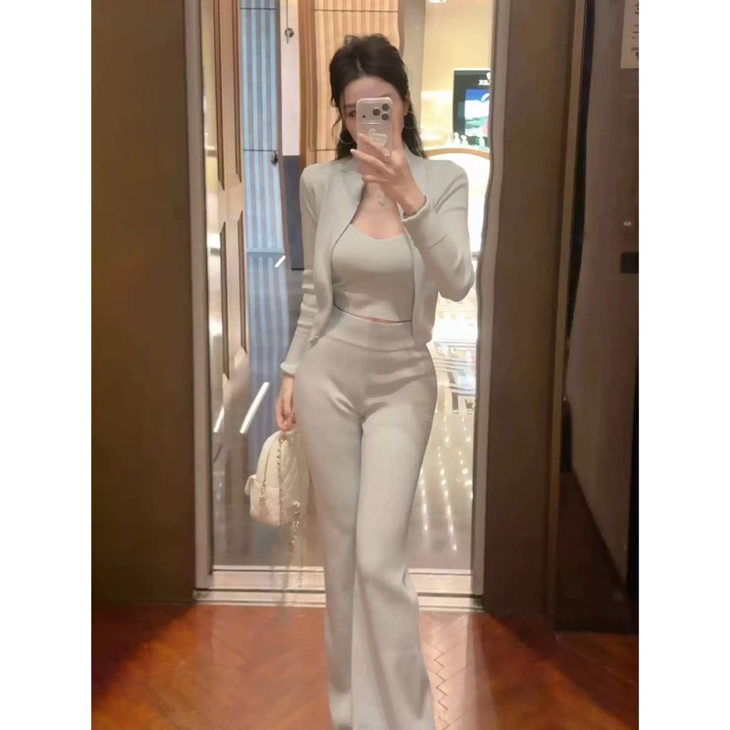 Lazy Style Misty Blue Cardigan, Short Camisole, and Slightly Flared Pants Three-Piece Set for Women, 2026 Summer New Sports Style Outfit Lazy Style Misty Blue Cardigan, Short Camisole, and Slightly Flared Pants Three-Piece Set for Women, 2026 Summer New Sports Style Outfit
