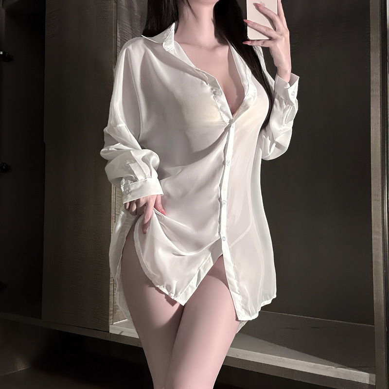 Transparent Shirt for Women, Ultra-Thin, Sexy, Loose, Lazy Style, White Long-Sleeved Top, Chiffon, Soft, See-Through, Pure Desire Pajamas