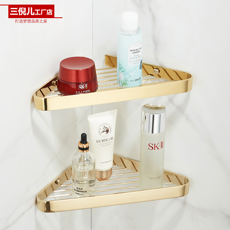 All-Copper Bathroom Shelf, Wall-Mounted Light Luxury Gold Corner Storage Triangle Basket for Shower Room and Toilet, No Drilling Required