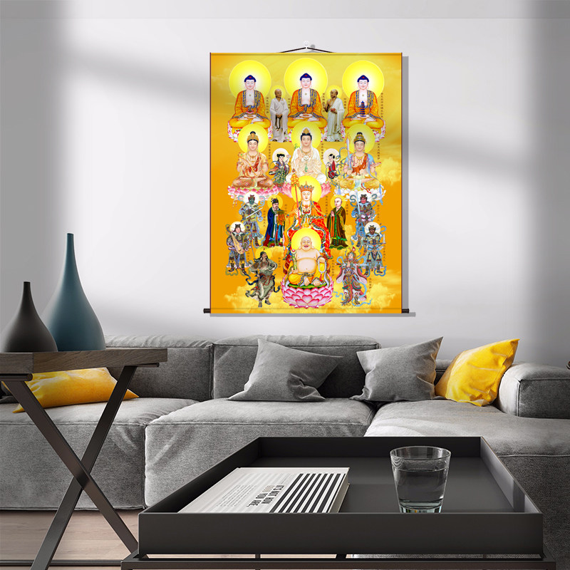 全堂佛菩萨佛像画中堂画卷轴画：众佛图全佛图对联，打造宁静祥和的佛堂挂画丝绸画！ -国画-淘宝百科网