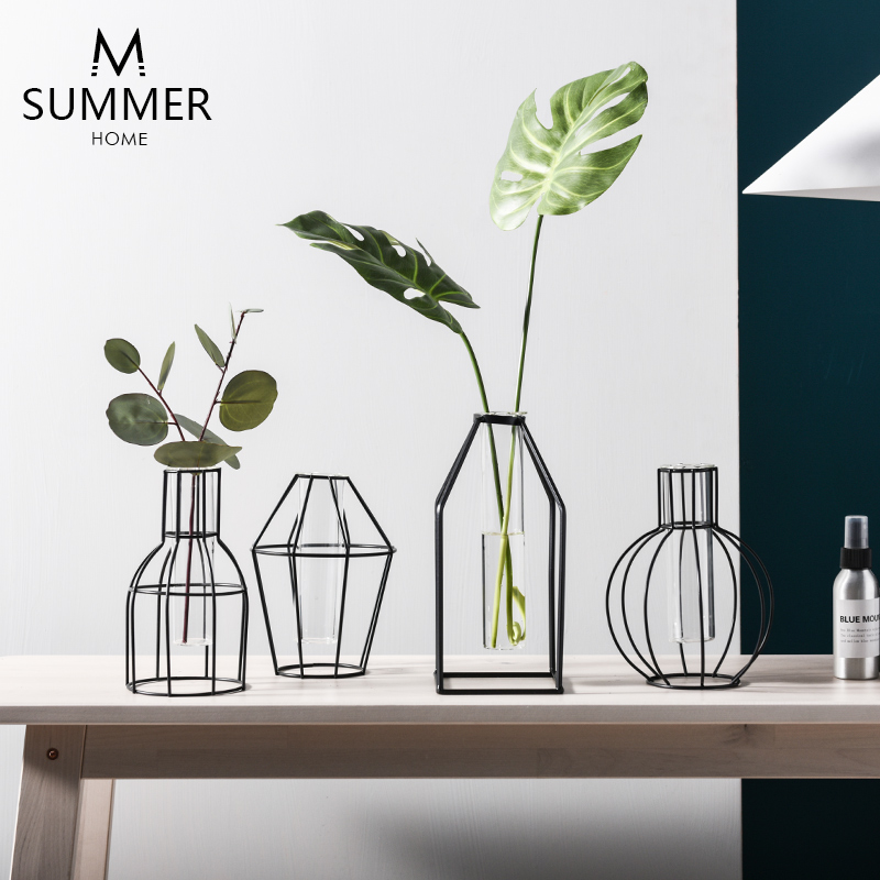 Simple Nordic style geometric glass gold Ge hydroponic dried flowers Fake flower Wrought iron vase Living room dining table decoration decoration