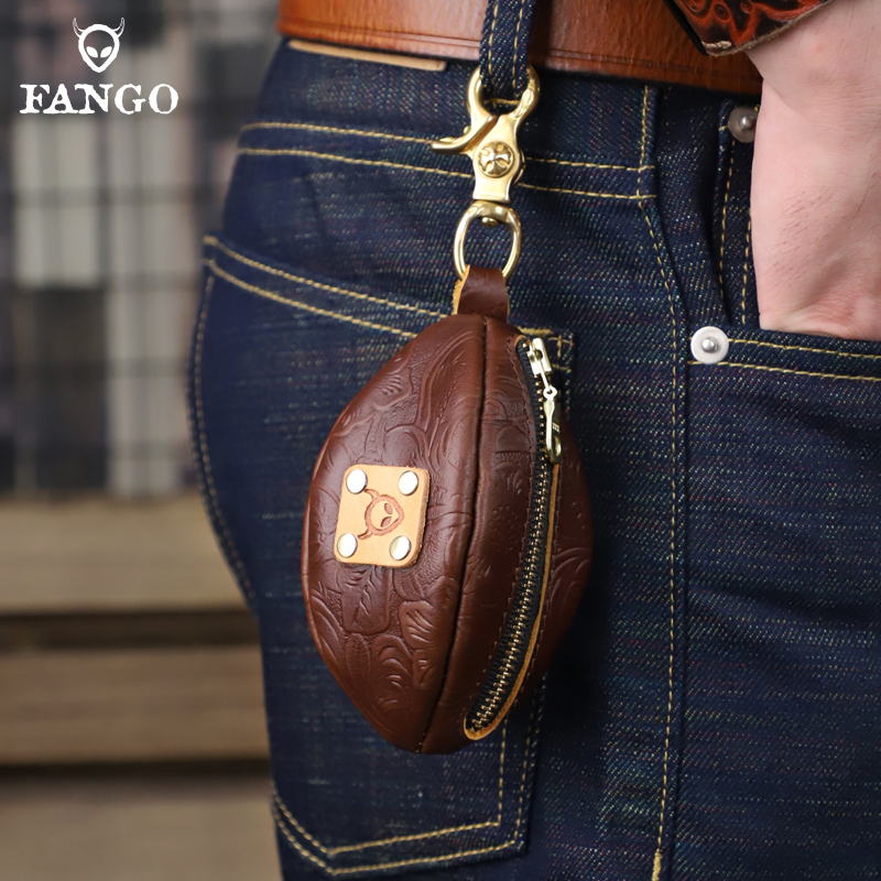 Handmade Vintage Genuine Leather Key Pouch for Men, First Layer Cowhide Coin and Key Holder, Waist-Hanging Rugby Key Pouch, Trendy