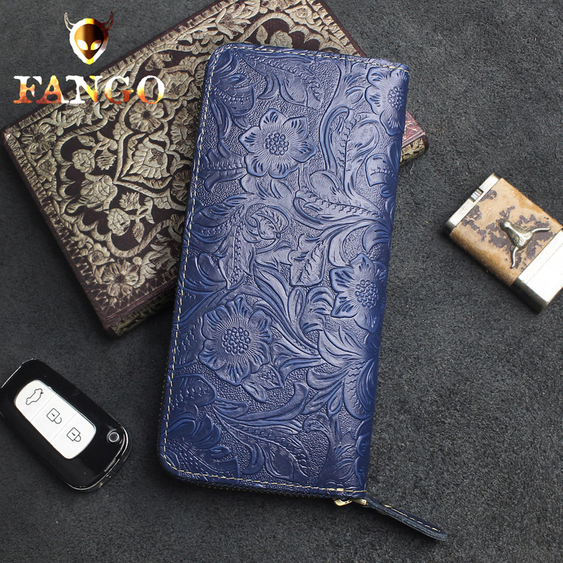Original Handmade Wallet for Men and Women, Long Zipper Genuine Leather Wallet, Vintage Crazy Horse Leather Clutch, Leather Carving Wallet, Trendy