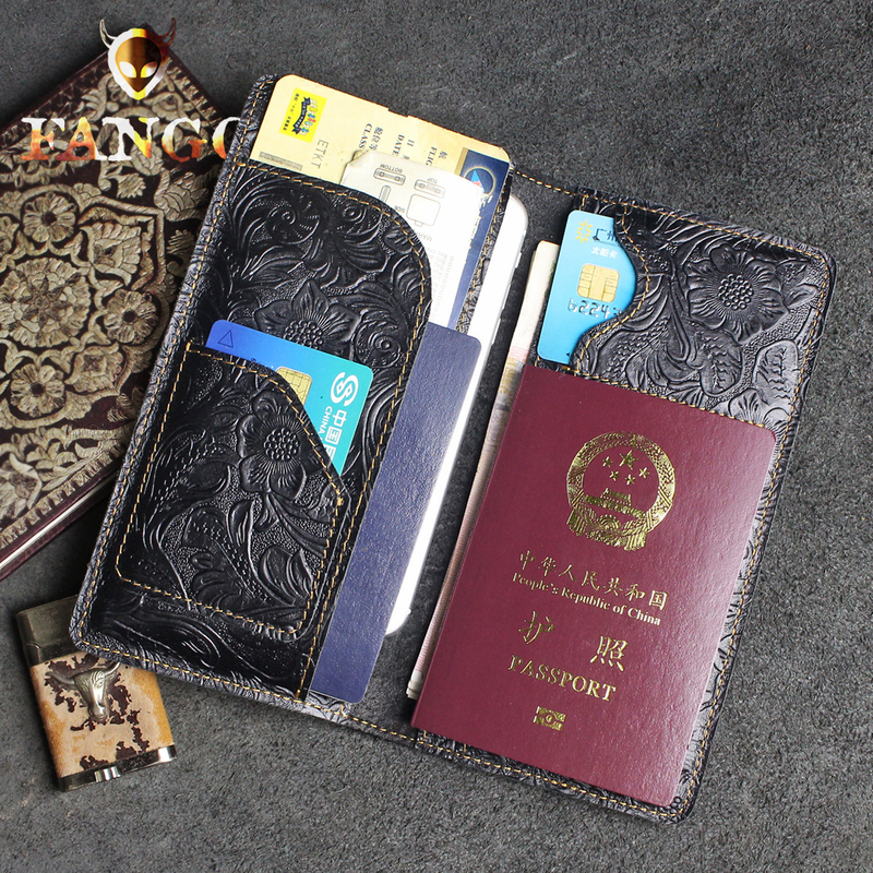 Handmade Genuine Leather Passport Holder, First-Layer Cowhide Long Wallet, Multifunctional Document Case, Vintage Phone, Ticket, and Passport Cover