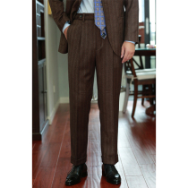 Autumn and winter brown-red stripes all wool small straight slim nine-point pleated high waist trousers men Naples