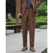 Summer brown linen trousers mens high waist small straight single pleated trousers Naples Paris buckle
