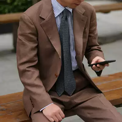 Summer brown linen suit men's single west napoli waterfall sleeve Italian half-clip suit 3 buttons 2