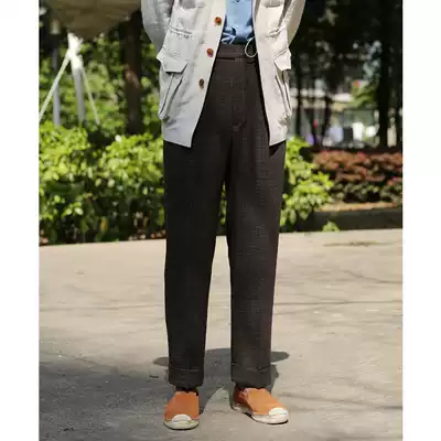 Spring and summer worsted wool Brown double pleated high waist trousers men Naples Paris buckle