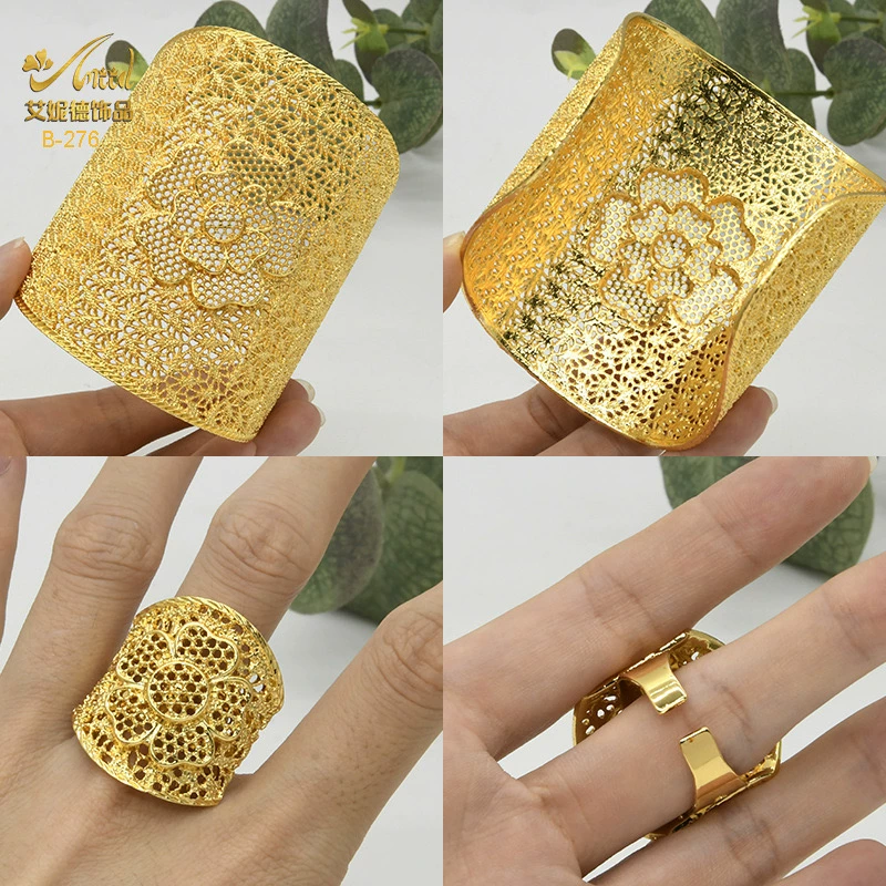 Модный медный браслет, кольцо, комплект, европейский стиль, 24 карата, цветочный, не выцветает