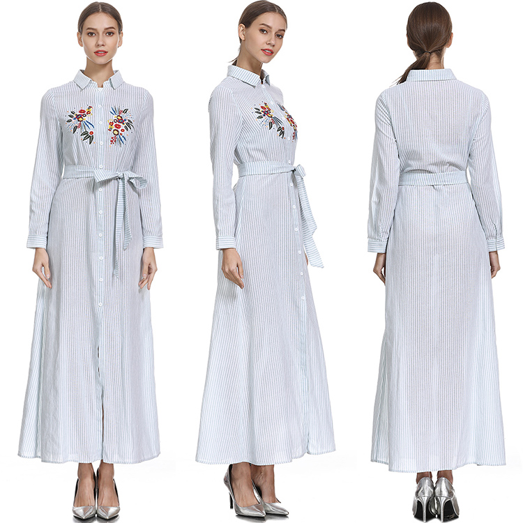 Muslim Stripe Maxi Dress Abaya Long Skirt Robe Gowns Tunic Kimono Jubah Islamic