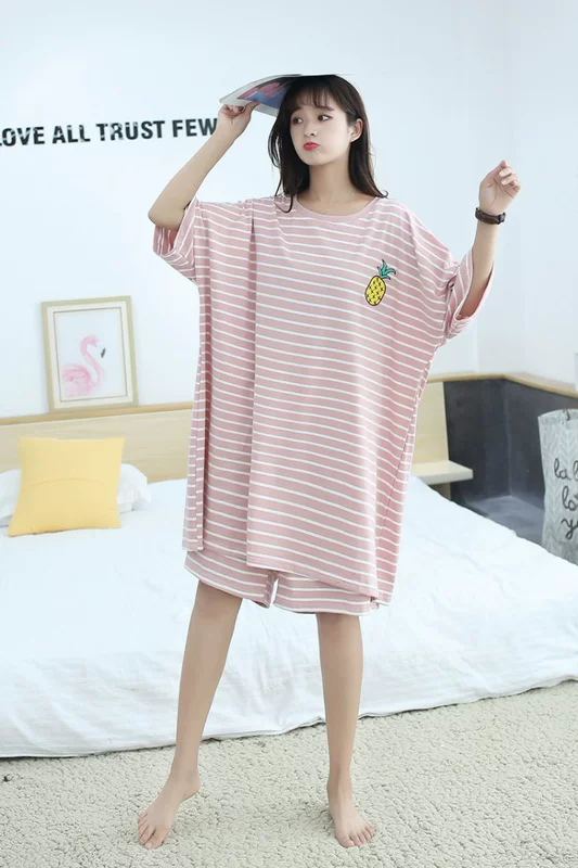 Đồ ngủ nữ rộng rãi size lớn ngắn tay mùa hè cotton mỏng mặt vui nhộn dịch vụ tại nhà 200 kg bộ đồ dành cho người béo - Bộ Pajama