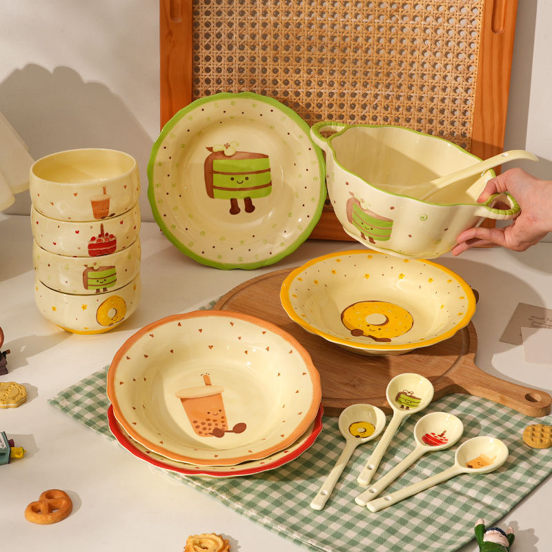 2025 New Cute Bowl and Plate Set, Household Bowl, Spoon, Plate Combination Tableware, Rice Bowl, Dish, Soup Bowl, Housewarming Gift