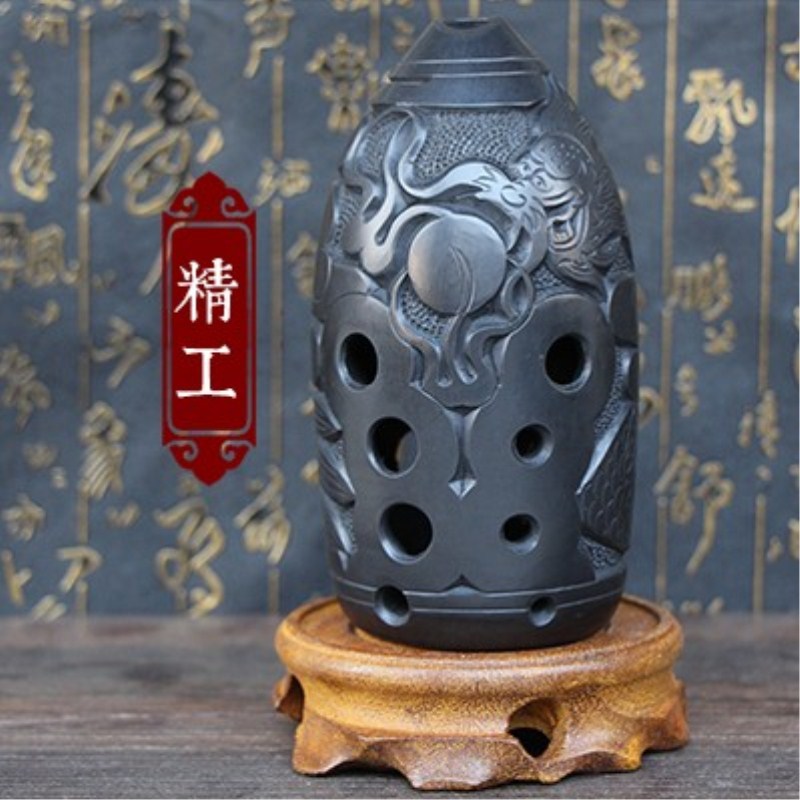 Wind ballad musical instrument professional performance verification test 10-hole ten-hole double-chamber beginner black pottery sanctuary relief plate dragon pen holder folk musical instrument