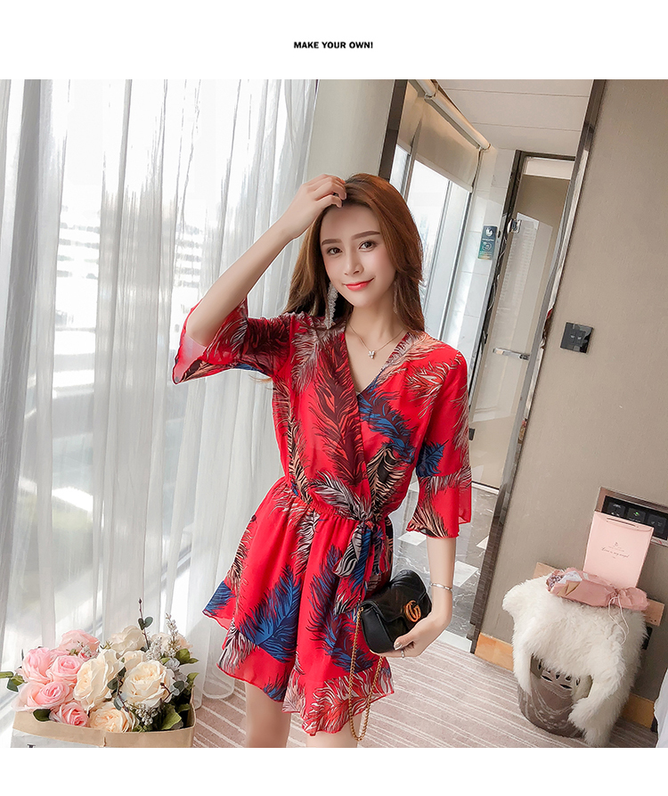 VK旗艦店 韓系時尚喇叭袖碎花連身褲雪紡衫套裝短袖褲裝