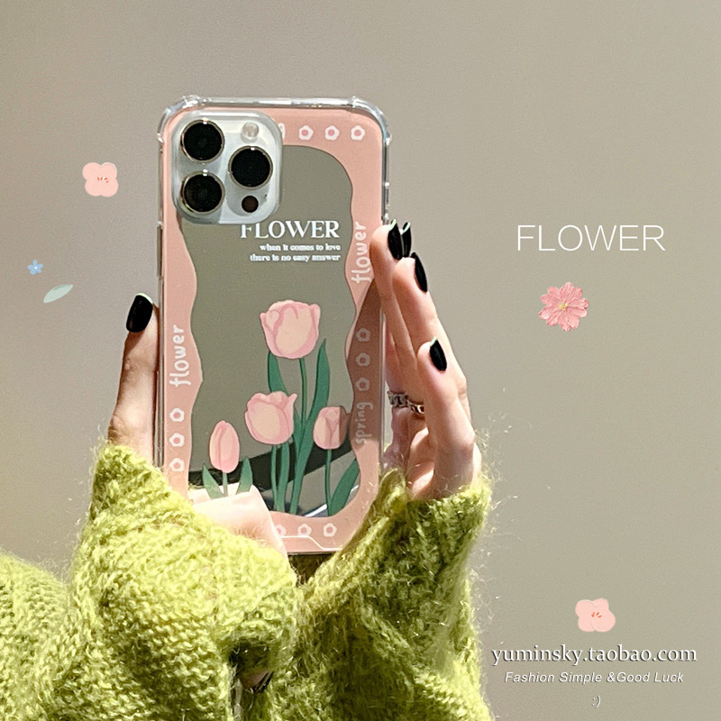 Ins wind pink tulip is suitable for iPhone14Plus Apple 11 13promax mobile phone case xs mirror 12 new 14Pro net red model 13Pro