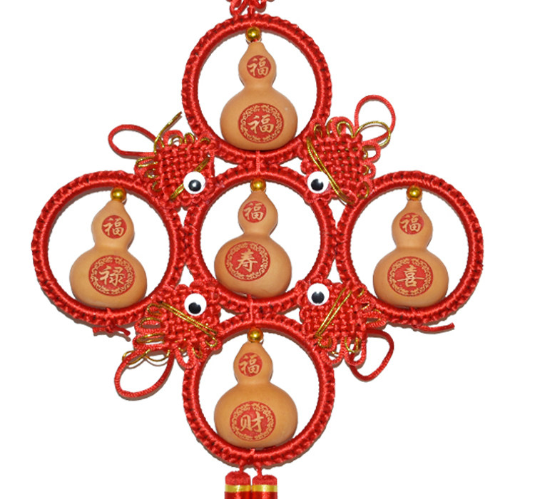 Natural small Wufu Gourd hanging carving brand painting Chinese knot Gourd town house Feng Shui Home decoration hanging New Year goods