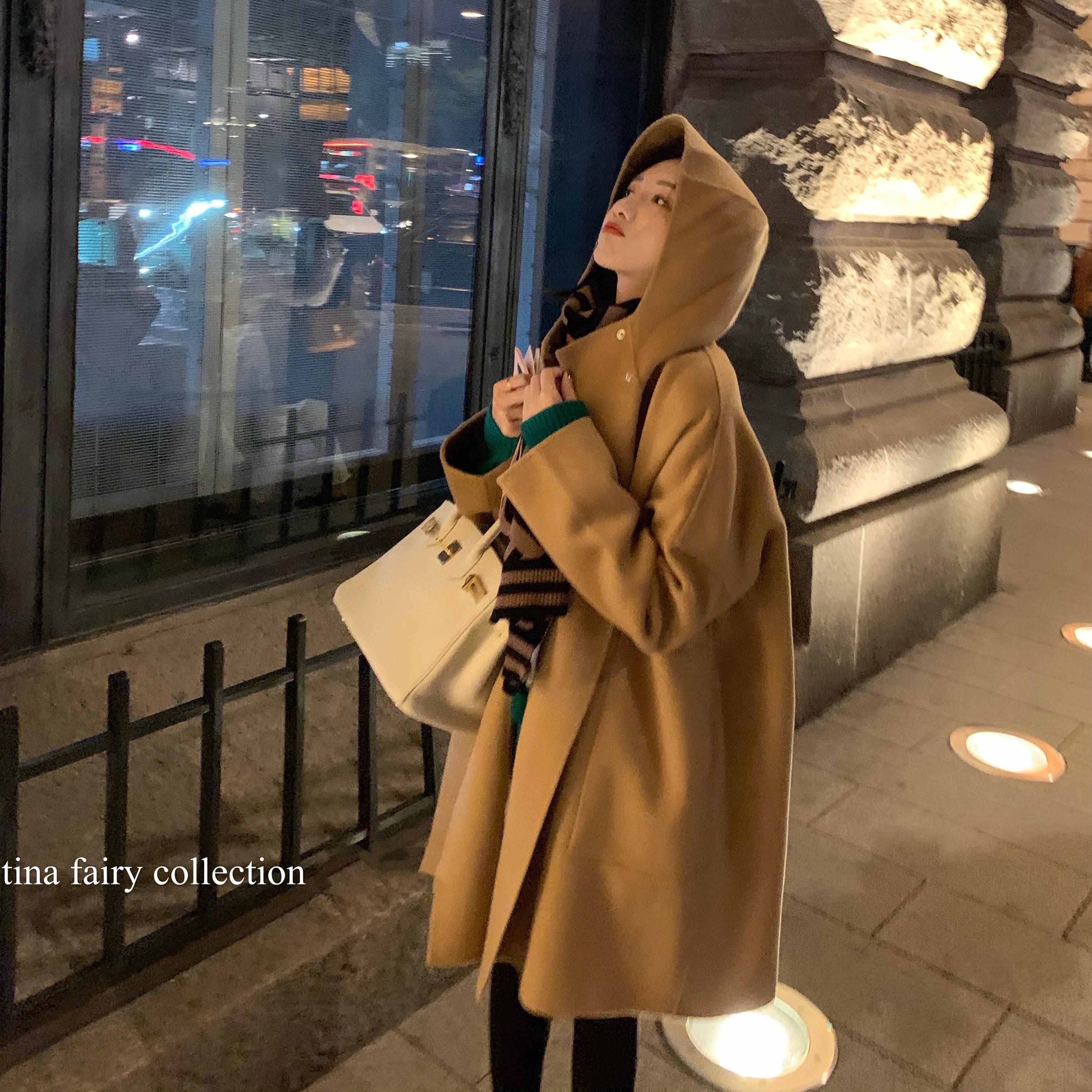 tinafairy full wool hooded camel temperament woolen coat women's winter mid-length double-sided woolen coat