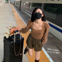 tinafairy careful machine strap u-neck sweater top womens autumn and winter pure desire wind three-color full wool sweater