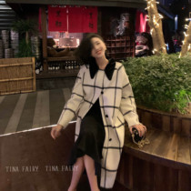 tinafairy Hokkaido black and white plaid coat womens winter foreign style 100% Australian fur collar long woolen coat