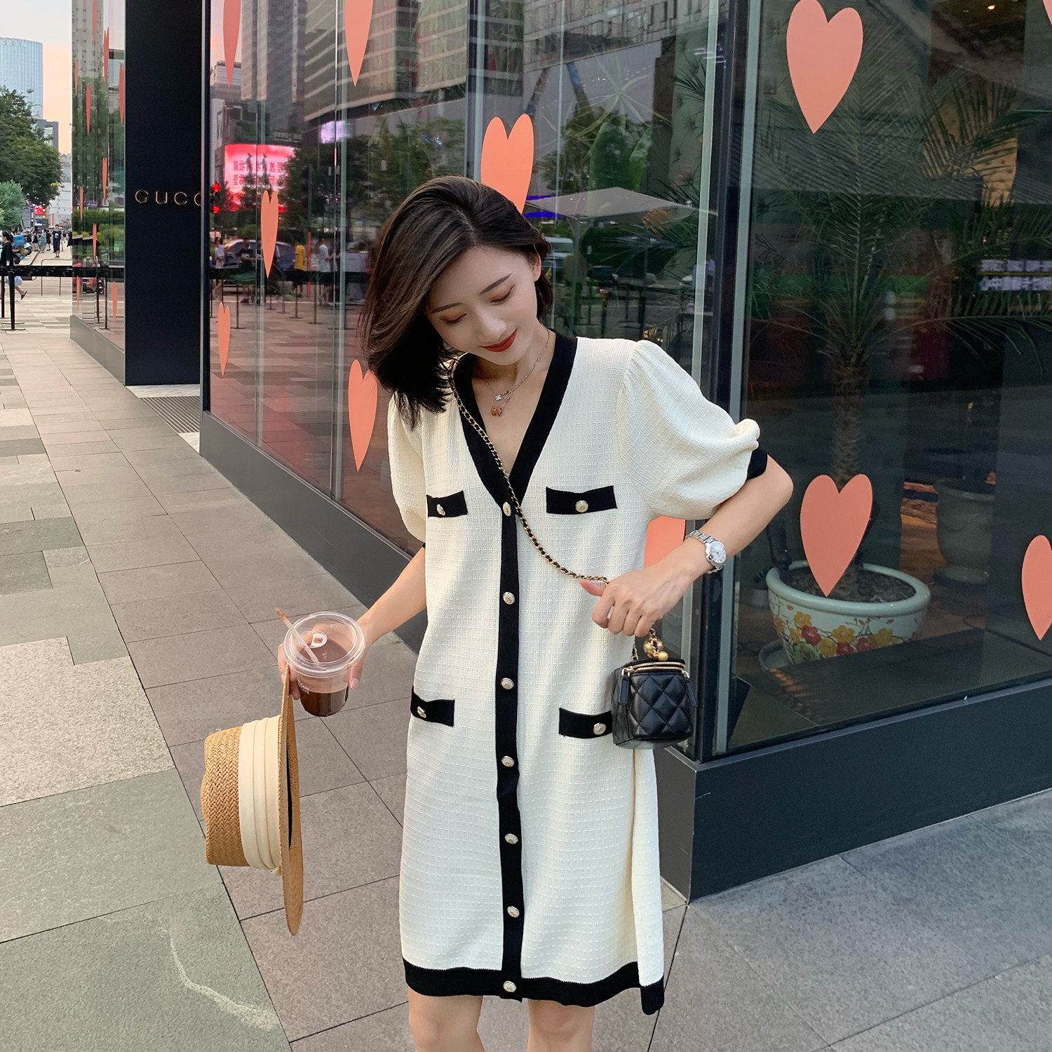 tinafairy early autumn new loose small fragrance short dresses Skirt Temperament Casual Commuter Knit Foreign Dress Women