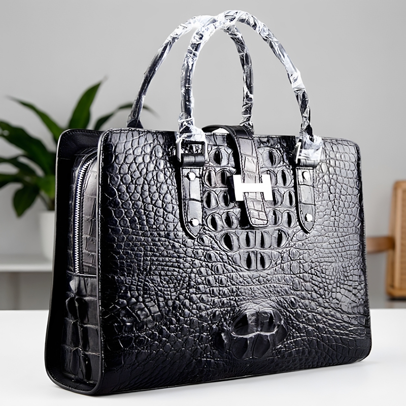 Imported Crocodile Leather Men's Bag with Zipper, New Business Style Handbag, Genuine Leather Computer Briefcase, Fashionable and Casual Trend Imported Crocodile Leather Men's Bag with Zipper, New Business Style Handbag, Genuine Leather Computer Briefcase, Fashionable and Casual Trend