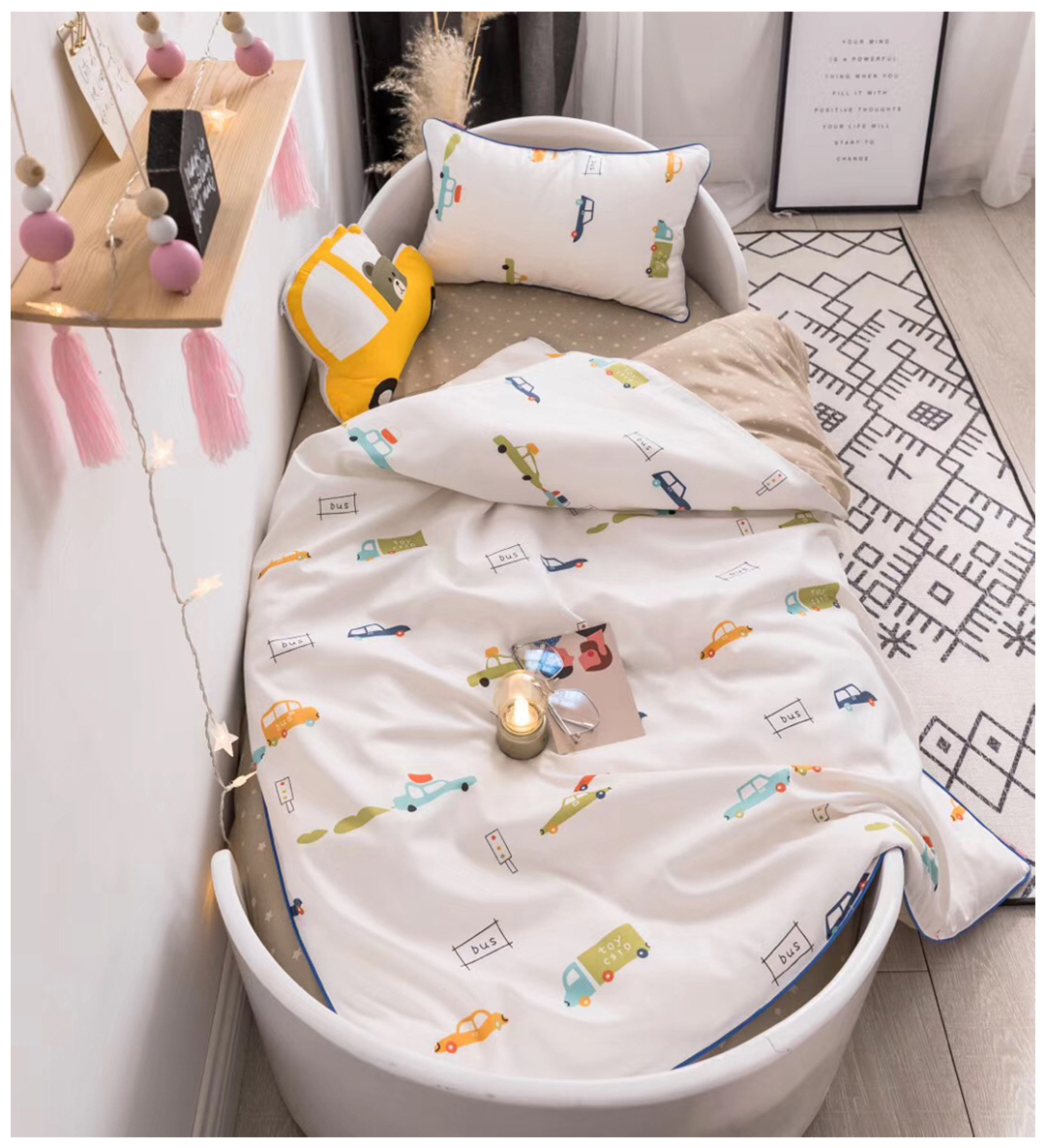 [Natsuki] gói xe bông phim hoạt hình khủng long tùy chỉnh Bộ đồ giường ba mảnh bộ đồ giường mẫu giáo cho trẻ em - Bộ đồ giường trẻ em 	ga giường chống thấm cho bé	