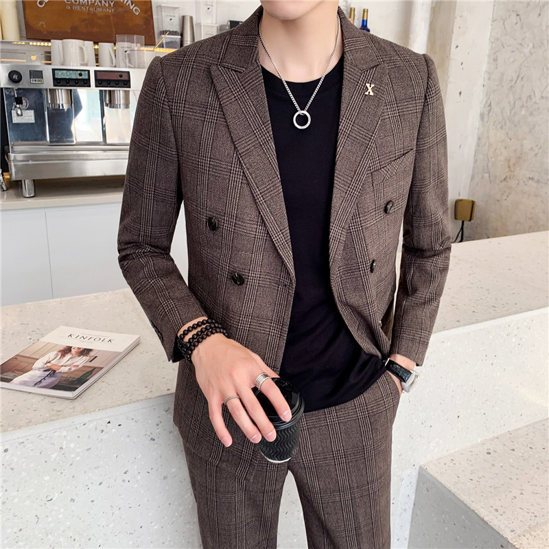 Double-hàng khóa phù hợp với phù hợp với nam giới Hàn Quốc phiên bản của cơ thể đẹp trai một bộ kẻ sọc nhỏ phù hợp với xu hướng áo khoác sinh viên bình thường