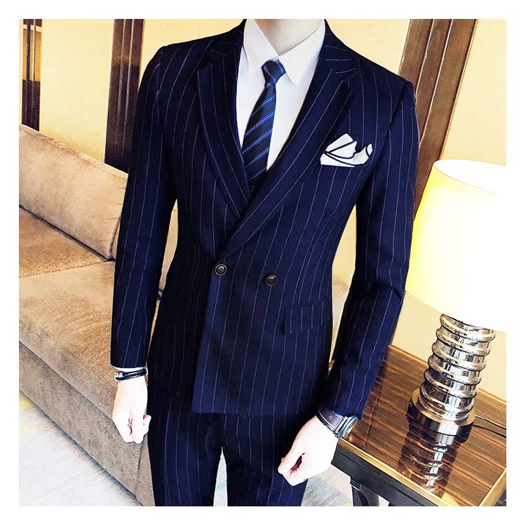 Mùa thu stylist hộp đêm khí chất đôi hàng hai khóa Slim phù hợp với nam phù hợp với đám cưới sọc ba áo len nam