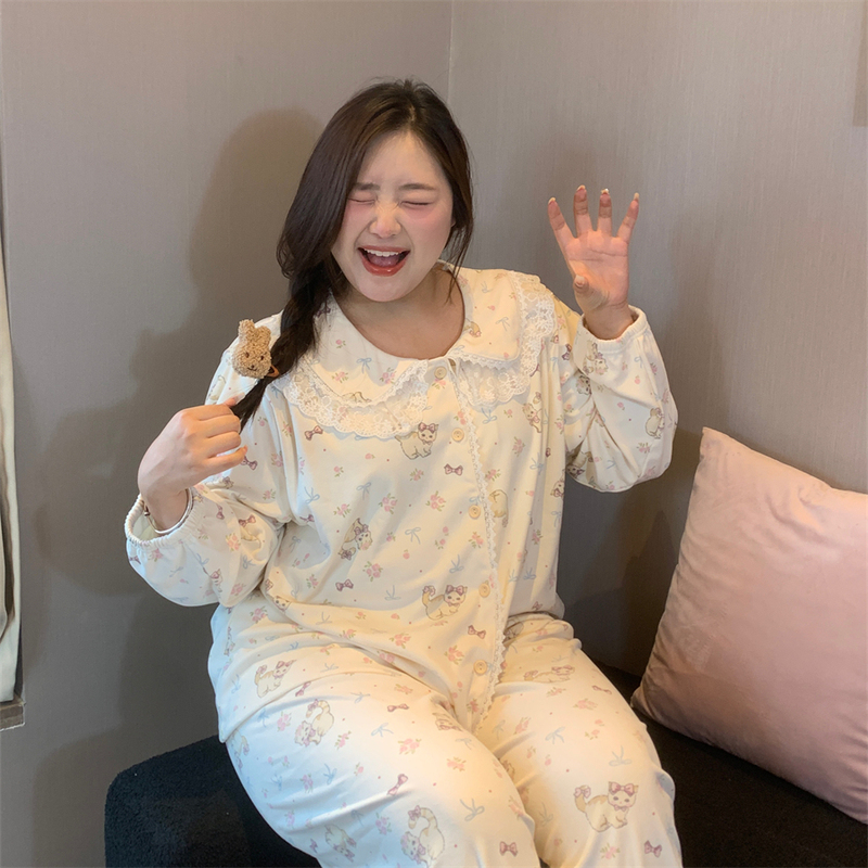 Naughty Belly Winter Plus Size Loose Fleece Pajamas with Doll Collar, Cute Thickened Long Sleeve and Long Pants Cat Homewear Naughty Belly Winter Plus Size Loose Fleece Pajamas with Doll Collar, Cute Thickened Long Sleeve and Long Pants Cat Homewear