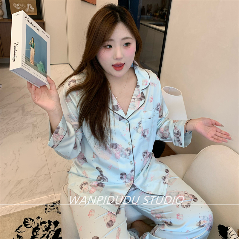 Naughty Belly Plus Size Pajamas for Fat Girls 100kg Spring New Ice Silk Long Sleeve Long Pants Blue Cartoon Ragdoll Cat