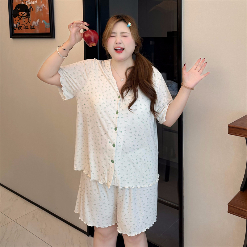 Naughty Belly Plus Size Pajamas for Fat Women 100kg Summer New Modal with Chest Pads Short Sleeve Shorts Green Floral