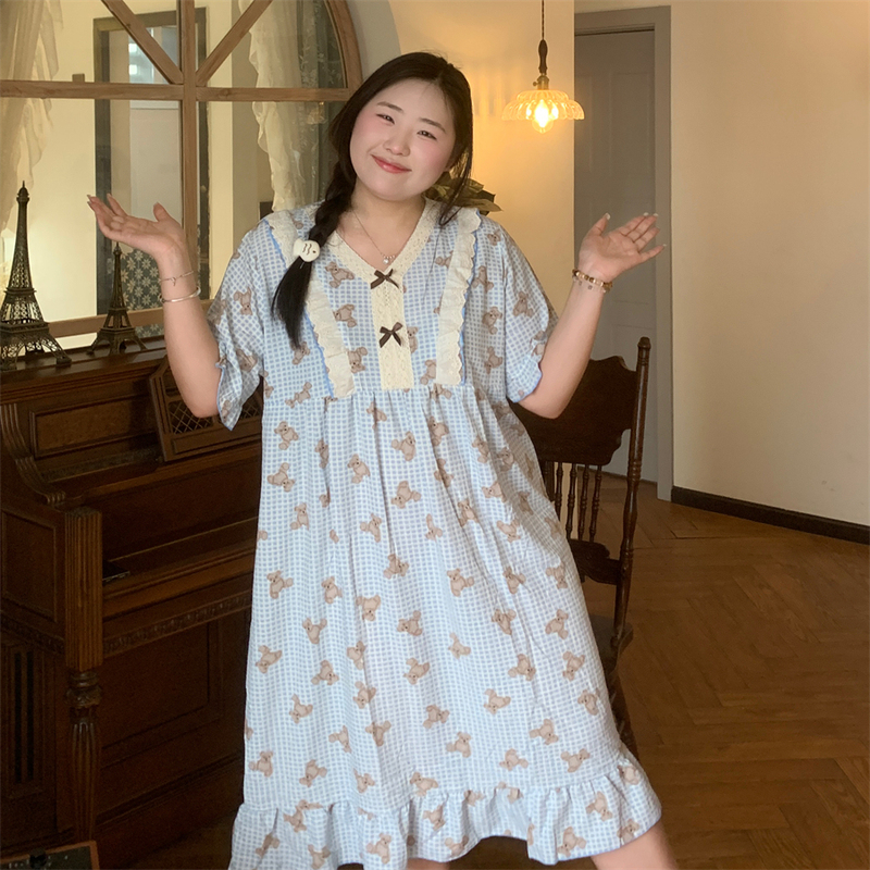 Naughty Belly Plus Size Summer Bubble Crepe Fabric Fat Girl 100kg Nightdress Loose Fit Covers Flaws ins Blue Plaid Soft and Fluffy Little Bear