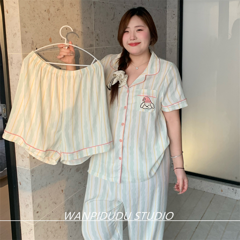 Naughty Belly Plus Size Pajamas for Fat Girls 100kg Spring New Cloud Cotton Three-Piece Set Cute Green Striped Puppy