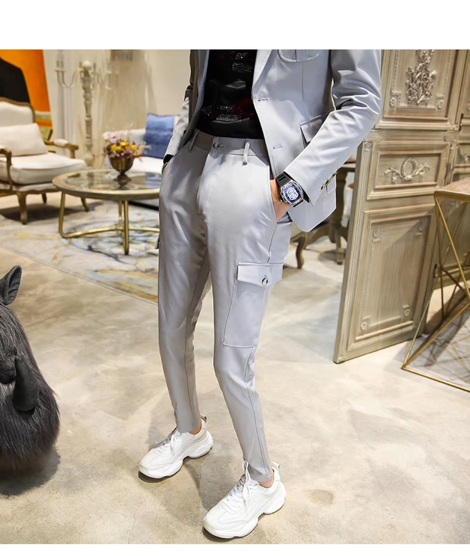 Suit nam 19 mùa thu mỏng Hàn Quốc thêu nước ngoài giản dị nhỏ áo khoác lưới màu đỏ thời trang hoang dã hai mảnh - Suit phù hợp