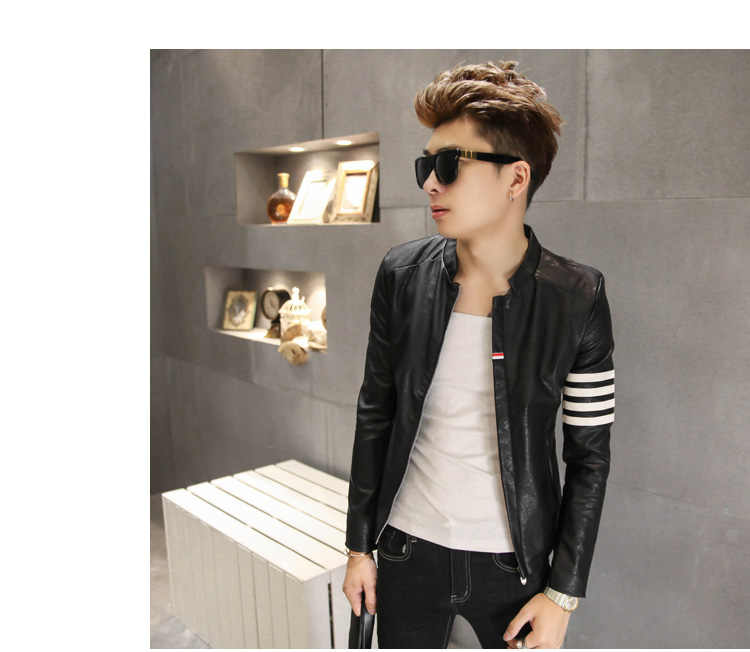 Zhenxuan tủ quần áo mùa thu đông phiên bản mới của Hàn Quốc tự may sọc da nam áo khoác cổ áo cổ áo da xe máy nam áo khoác bomber