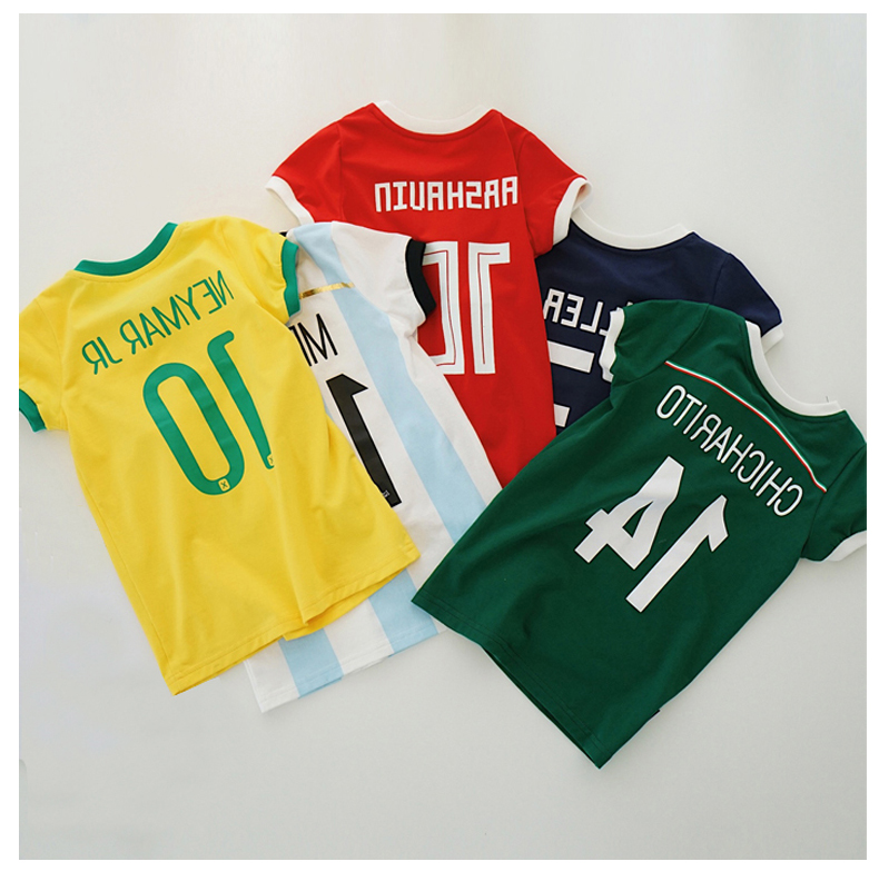 Bé quần áo trẻ em 2018 World Cup quần áo bóng đá cha mẹ và con mặc Chen Chen Ma trẻ em của T-Shirt nữ kho báu ngắn tay ăn mặc đồng phục gia đình đi biển
