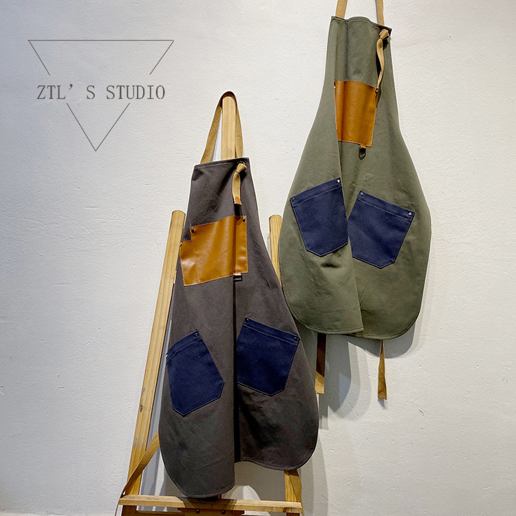 Thickened wear-resistant retro washed canvas with cowhide studio groomer gardening smock apron color matching waist customization