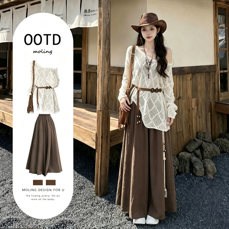 Retro Western-Style Off-Shoulder Hollow-Out Long-Sleeve Top for Women, Slimming and Hip-Covering Brown Draped Half-Length Skirt Set Retro Western-Style Off-Shoulder Hollow-Out Long-Sleeve Top for Women, Slimming and Hip-Covering Brown Draped Half-Length Skirt Set