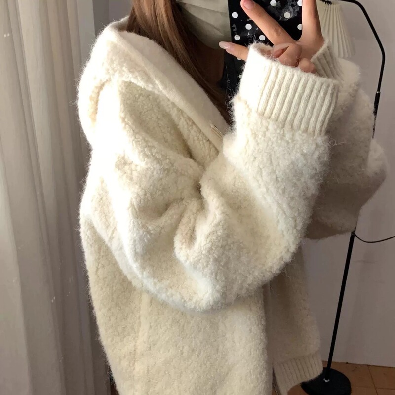 Lazy Style Loose Hooded Zippered Knitted Cardigan for Women, Autumn and Winter Warm Lamb Wool-Like Sweater Coat, Thick Style Lazy Style Loose Hooded Zippered Knitted Cardigan for Women, Autumn and Winter Warm Lamb Wool-Like Sweater Coat, Thick Style