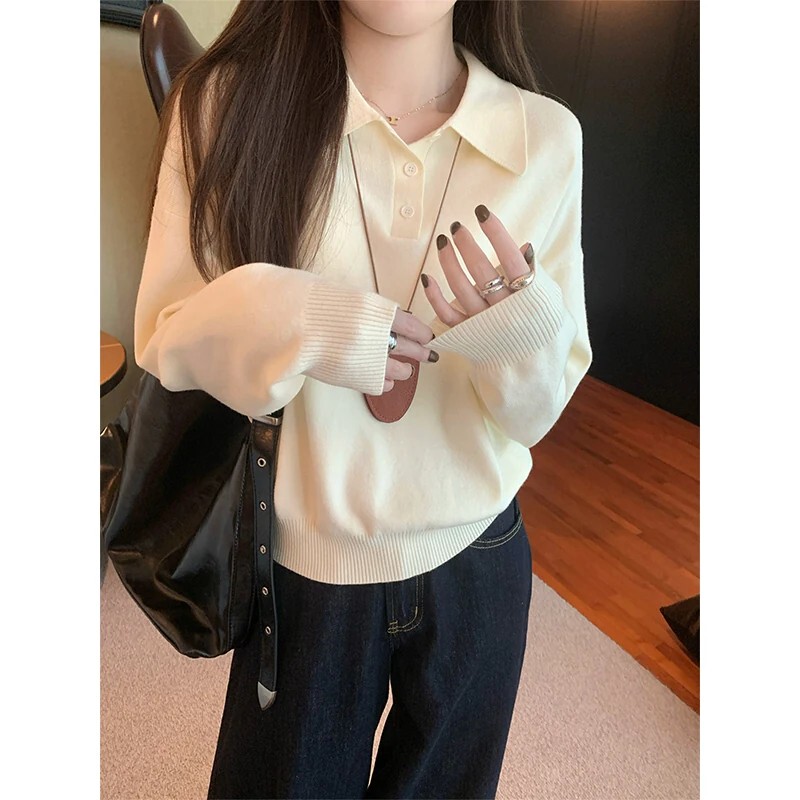 Korean-Style Milky White Polo Collar Knit Sweater for Women 2026 Spring and Autumn Loose Casual Turn-Down Collar Long-Sleeve Pullover Base Sweater