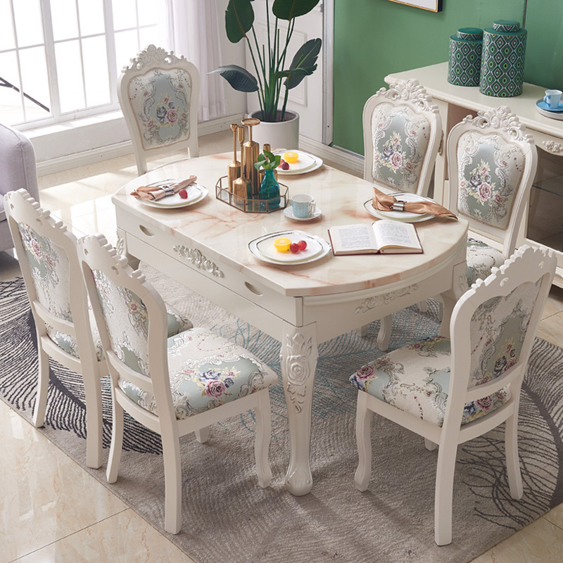 European-Style Dining Table and Chair Set, Solid Wood Dining Table, Modern Simple Extendable Folding Marble Round Table for Small Households