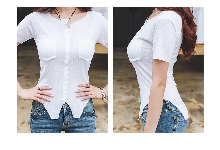 Áo sơ mi nữ gợi cảm hè 2019 mới lưới đỏ tim máy áo thun trắng tay ngắn Slim v-cổ bó sát gợi cảm - Áo phông áo phông đen nữ