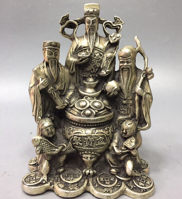 Antique collection Fine white copper silver plated copper ornaments Pure copper Fu Lu Shou Cornucopia home furnishings