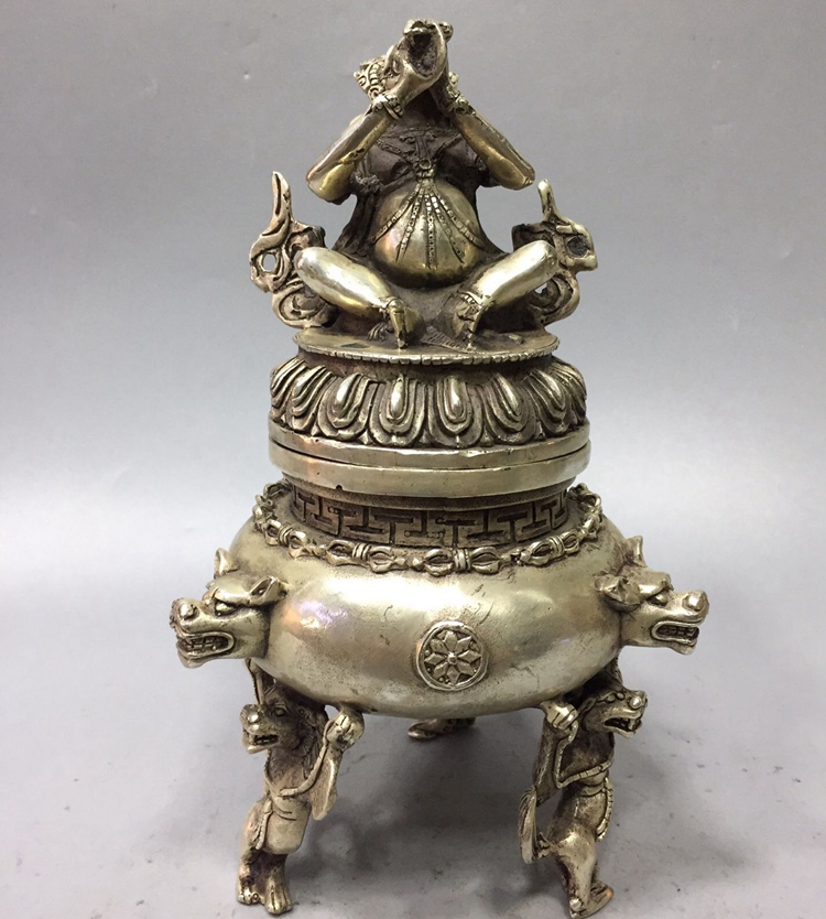 Tibetan old white copper gilt silver diamond hand Buddha statue incense burner crafts home supplies decoration collection