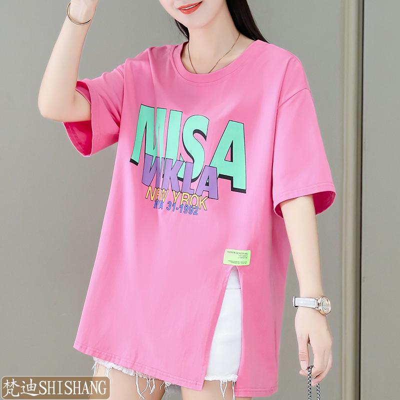 Mid-sleeved t-shirt women's pure cotton summer personality fat mm slit design unique large size shoulder width thin top women's meat cover